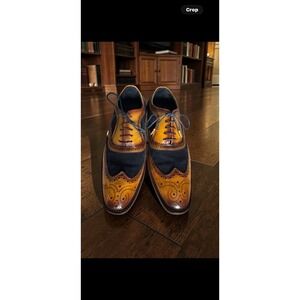 Lethato Wing Tip Oxford Brogue Shoes Men 9.5/10 Brown Navy Leather Lace Up